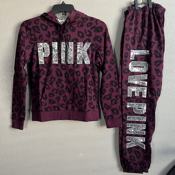 VS Pink bling large logo red leopard hoodie & classic pants set - Picture 1 of 1